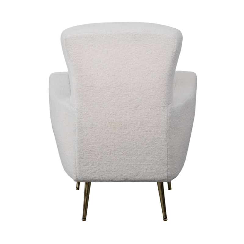 Enkel loungestol i Cream Faux Sherpa med böjt ryggstöd, guldmetallben och armstöd Enkel loungestol i Cream Faux Sherpa med böjt ryggstöd, guldmetallben och armstöd