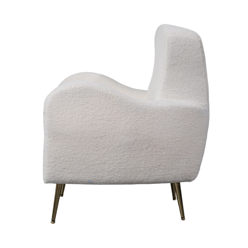 Enkel loungestol i Cream Faux Sherpa med böjt ryggstöd, guldmetallben och armstöd Enkel loungestol i Cream Faux Sherpa med böjt ryggstöd, guldmetallben och armstöd