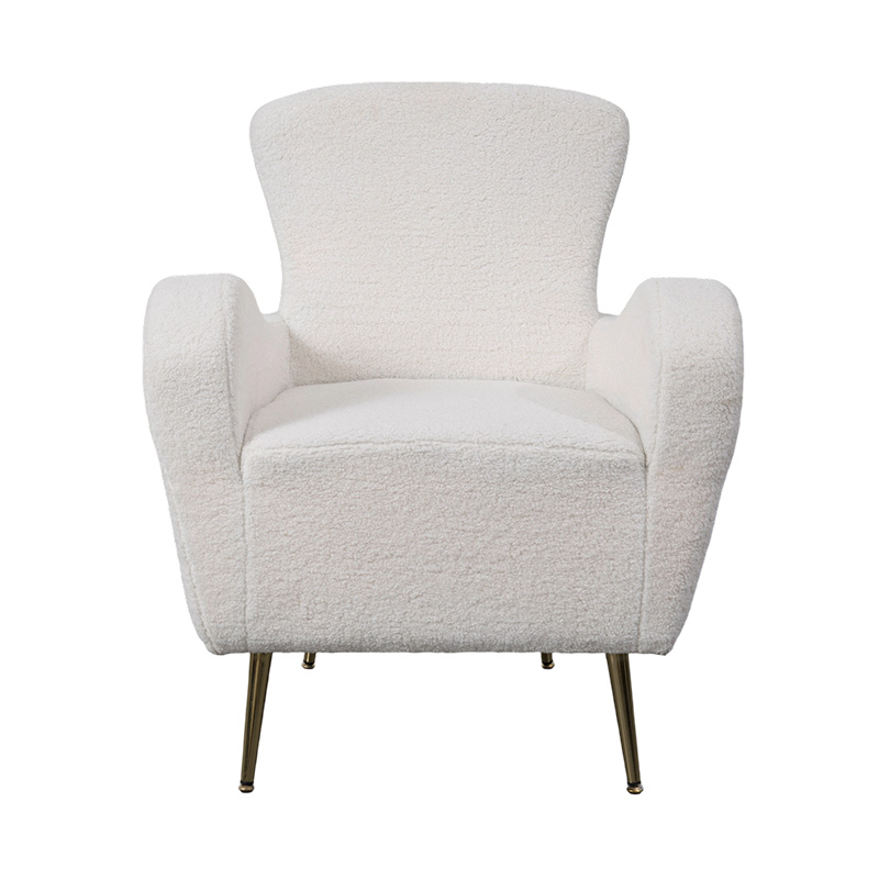 Enkel loungestol i Cream Faux Sherpa med böjt ryggstöd, guldmetallben och armstöd Enkel loungestol i Cream Faux Sherpa med böjt ryggstöd, guldmetallben och armstöd