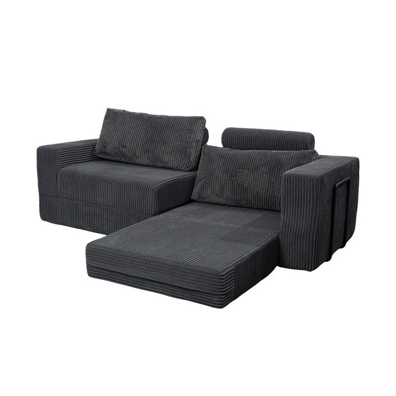 Modern bäddsoffa i mörkgrå manchester med kuddar, flexibel modulär layout Modern bäddsoffa i mörkgrå manchester med kuddar, flexibel modulär layout