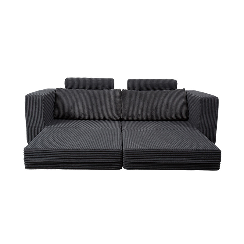 Modern bäddsoffa i mörkgrå manchester med kuddar, flexibel modulär layout Modern bäddsoffa i mörkgrå manchester med kuddar, flexibel modulär layout